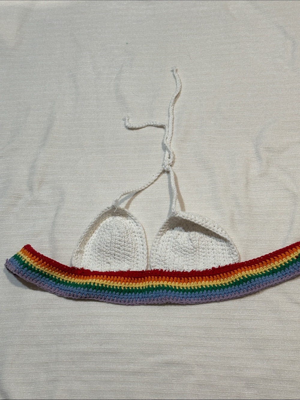 PRIDE Crochet White Triangle Bikini Top with Rainbow Band